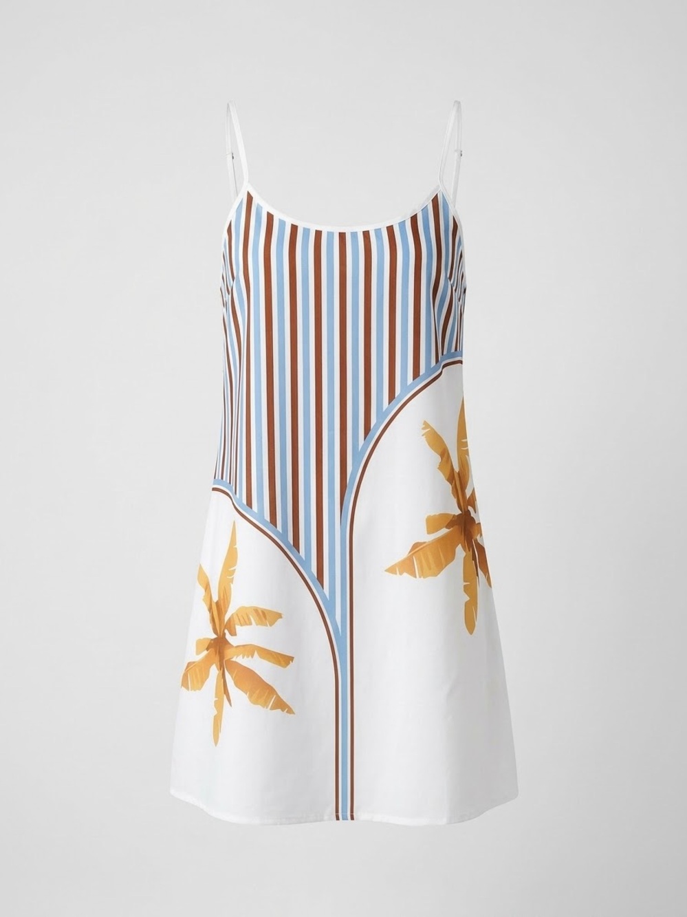 Cupshe White Slip Dress with Blue and Brown Stripes & Gold Palm Motifs